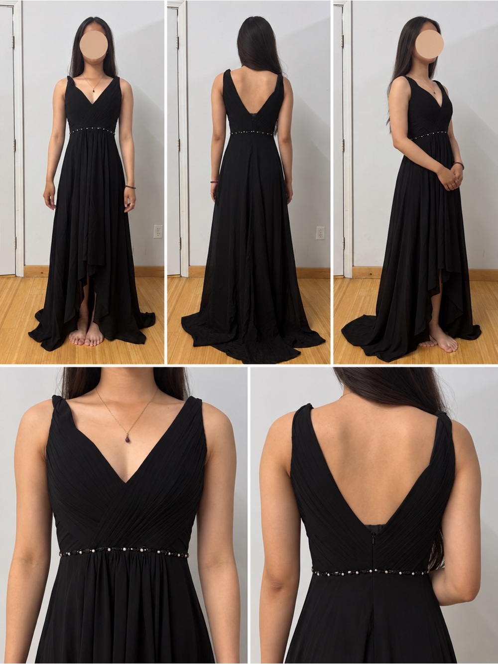 JJs House Black Maxi V‑Neck Beaded Waist Evening Gown